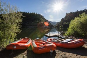 Rafts at a launch point on the Rogue River