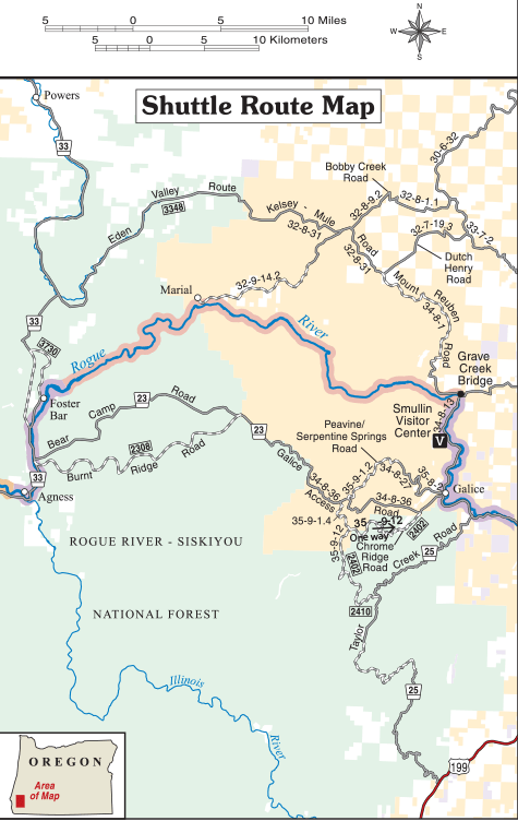 Shuttle Map for the Rogue River route.